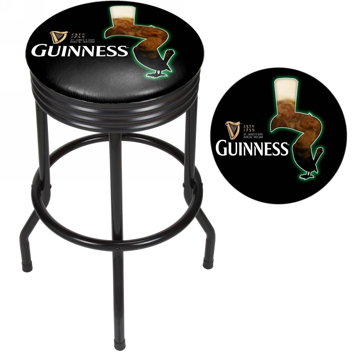 A Guinness Black Ribbed Bar Stool - Feathering with a Guinness logo on it.