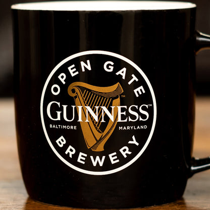 Open Guinness Open Gate Brewery Black Ceramic Mug with logo.