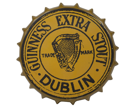 This Gold Vintage Bottle Cap Sign features the iconic Guinness logo.