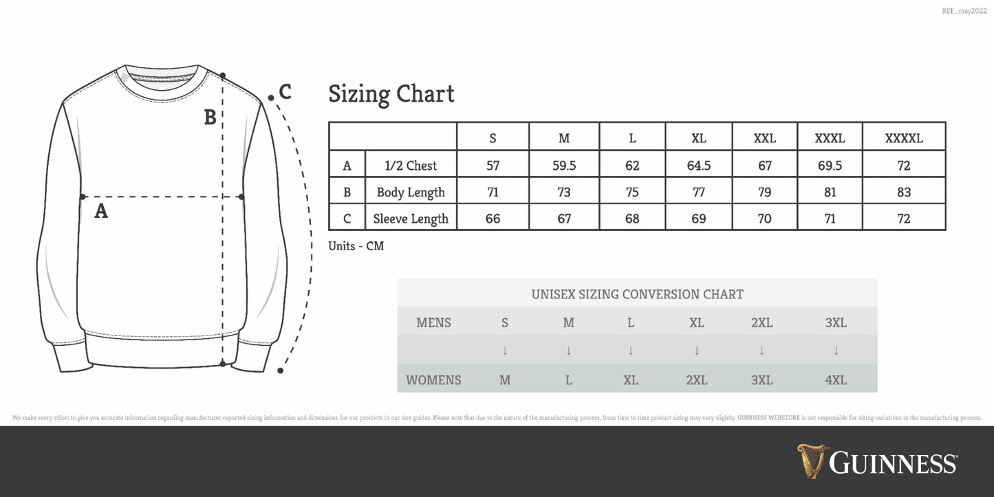 Guinness men's sweatshirt size chart for the unisex Guinness Long Sleeve Sweater by Guinness.