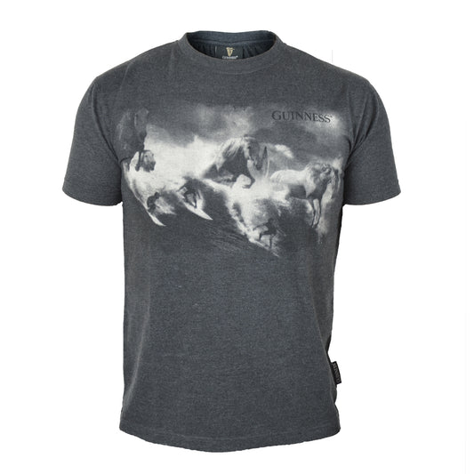 A durable grey cotton blend Guinness Surf Tee featuring an image of a man riding a horse.