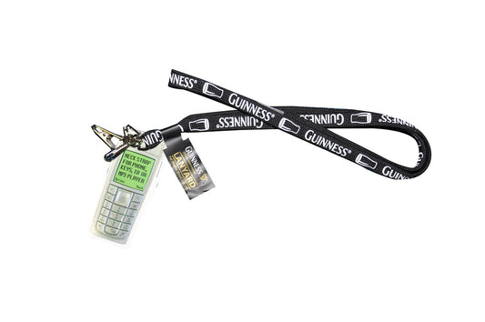 A Guinness-branded Pint Lanyard with a cell phone attached to it.