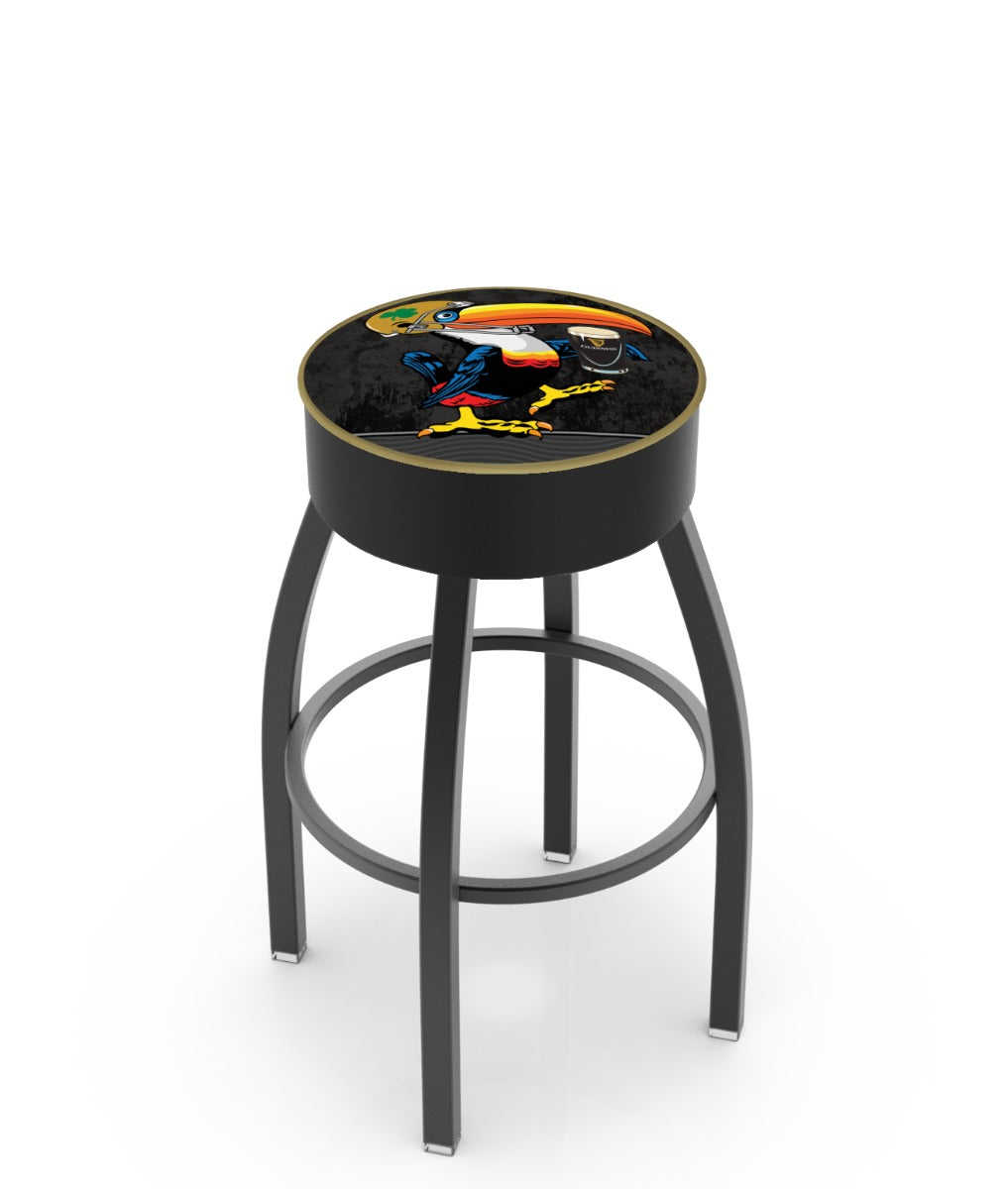 A black Notre Dame Toucan Swivel bar stool with gold trimming and a parrot on it. (Brand: Guinness)