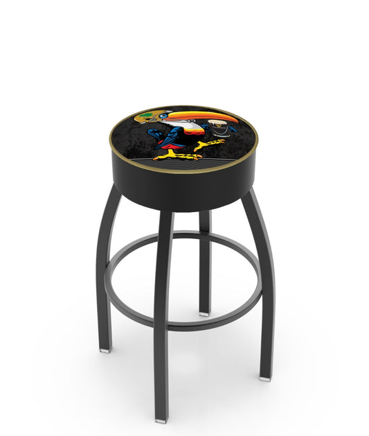 A black Notre Dame Toucan Swivel bar stool with gold trimming and a parrot on it. (Brand: Guinness)