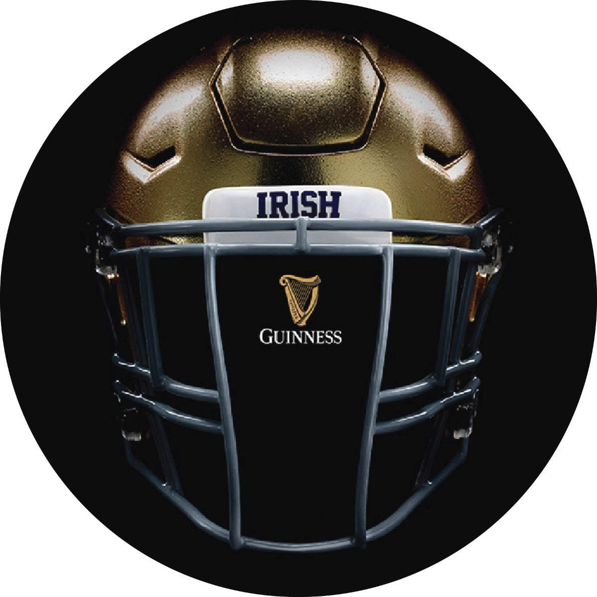 A Notre Dame Helmet Pub Table with Round Base, adorned with a Guinness logo, displayed on a black background.