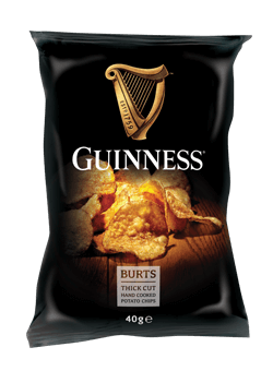 Burts Guinness® Original Potato Chips 40g on a black background.