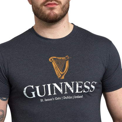 Guinness Navy Distressed Harp Tee with Harp logo.