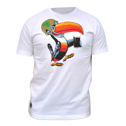 A Guinness Notre Dame Toucan T-Shirt White, perfect for Guinness enthusiasts or Notre Dame fans.