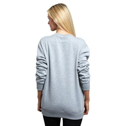 A woman wearing a Guinness Grey Crew Neck Sweatshirt, seen from behind.