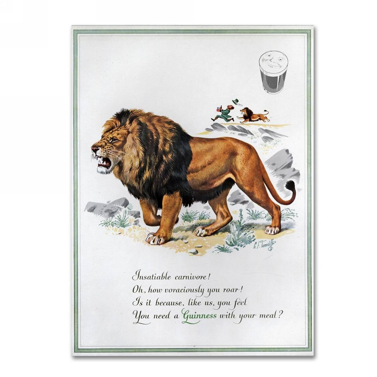 A vintage advertisement of Guinness Brewery featuring a lion, depicted on Guinness Brewery 'Guinness Lion' Canvas Art.