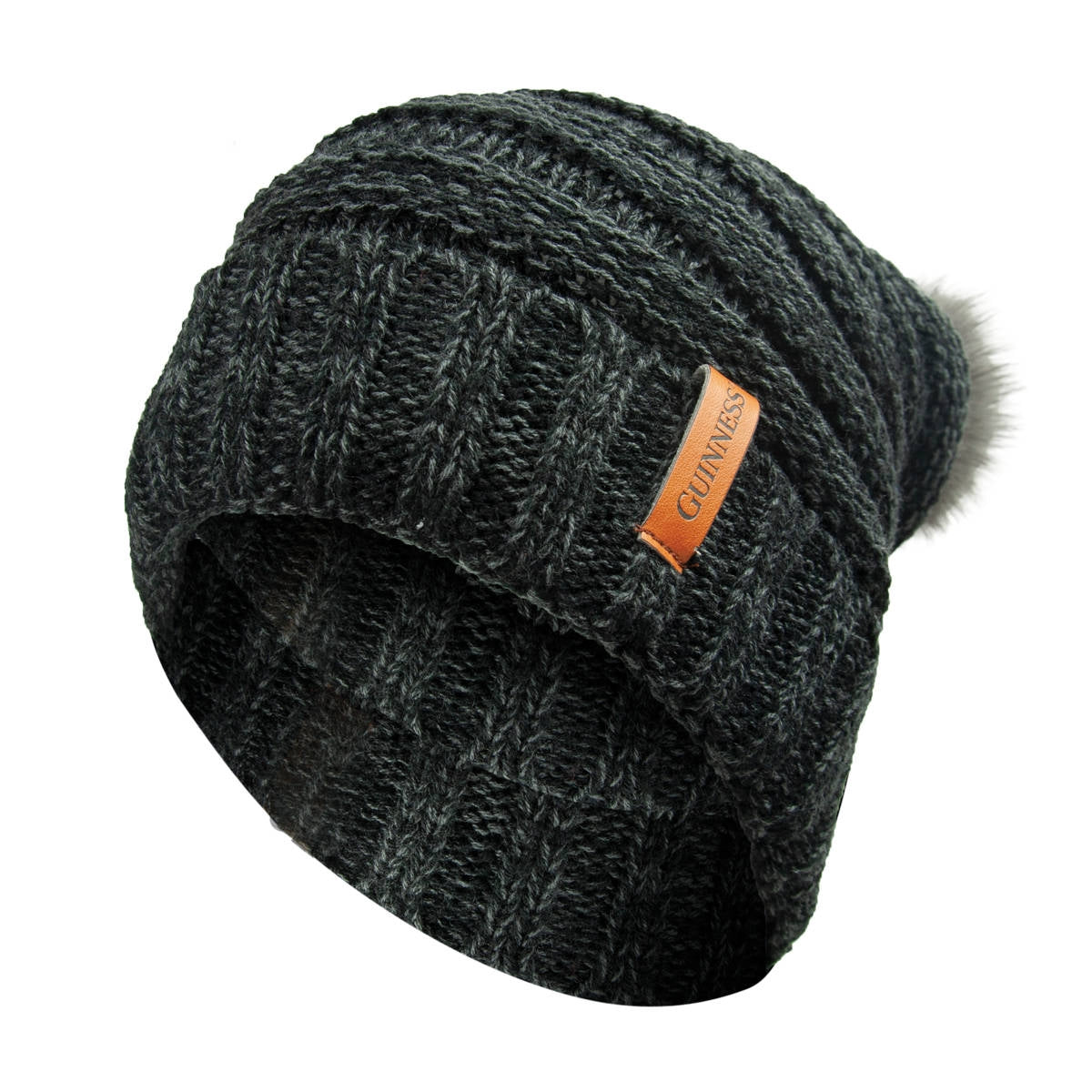 Stay cozy during the winter months with this Guinness Dark Grey Slouchy Bauble Beanie with Brown Leather Patch. Featuring a fur pom, this Guinness Bobble Hat is the perfect accessory to keep you warm and stylish.