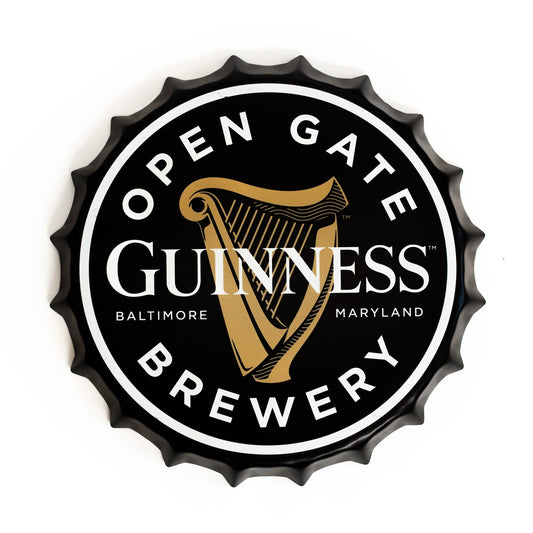 A Guinness Open Gate Brewery Bottle Top Metal Sign on a white background.