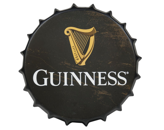 This metal wall art features a Guinness Black Harp Bottle Cap Sign, complete with the iconic harp logo.