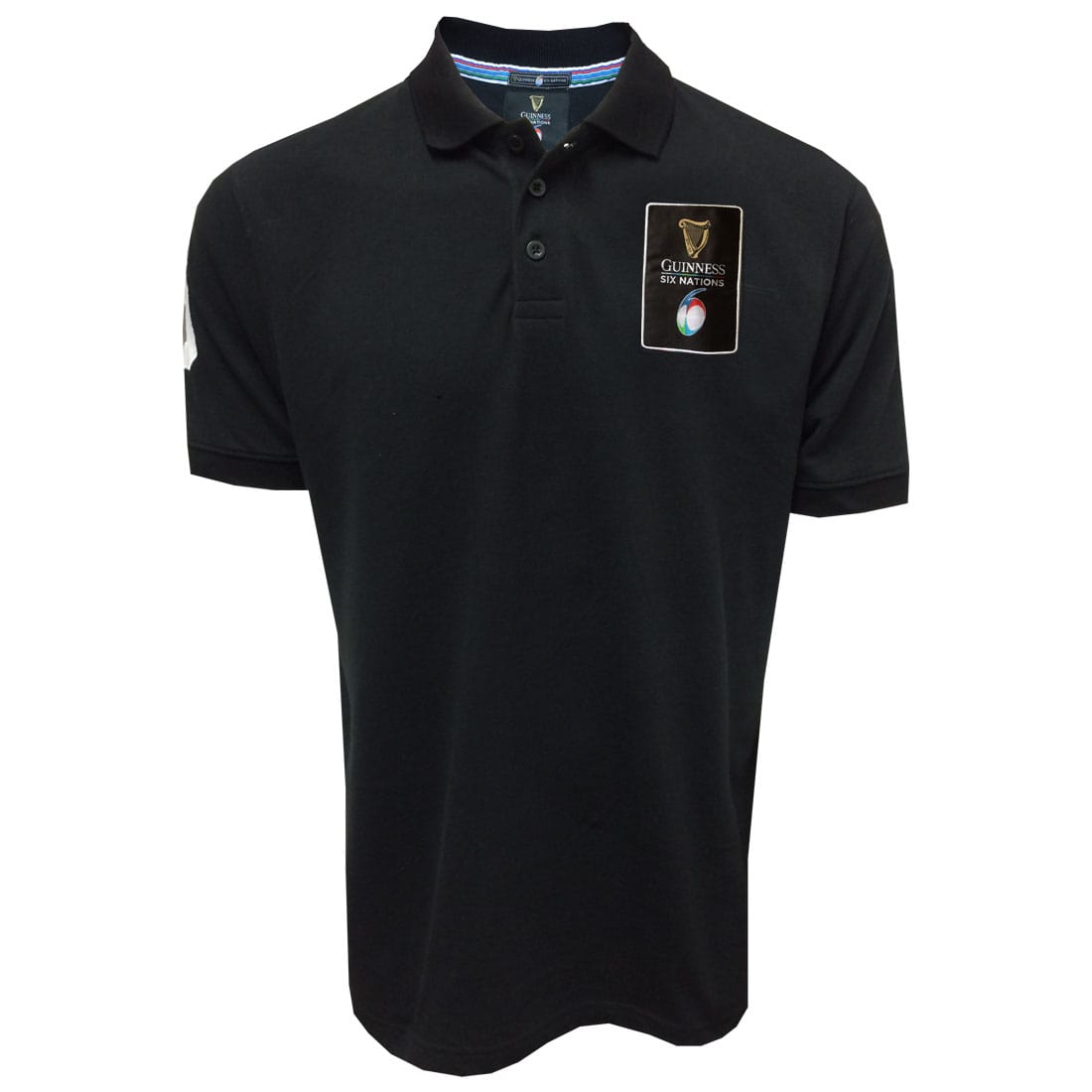 Six Nations Black Polo Shirt with a Guinness beer logo on the left chest, perfect for Six Nations rugby fans, displayed on a plain background.