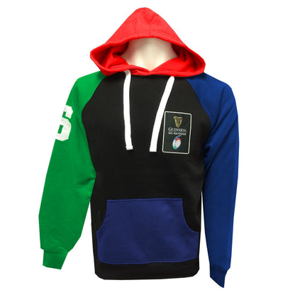 A multicolored Six Nations Color Block Hoodie with green, red, black, and blue panels, featuring a white drawstring and a Guinness® logo on the chest.