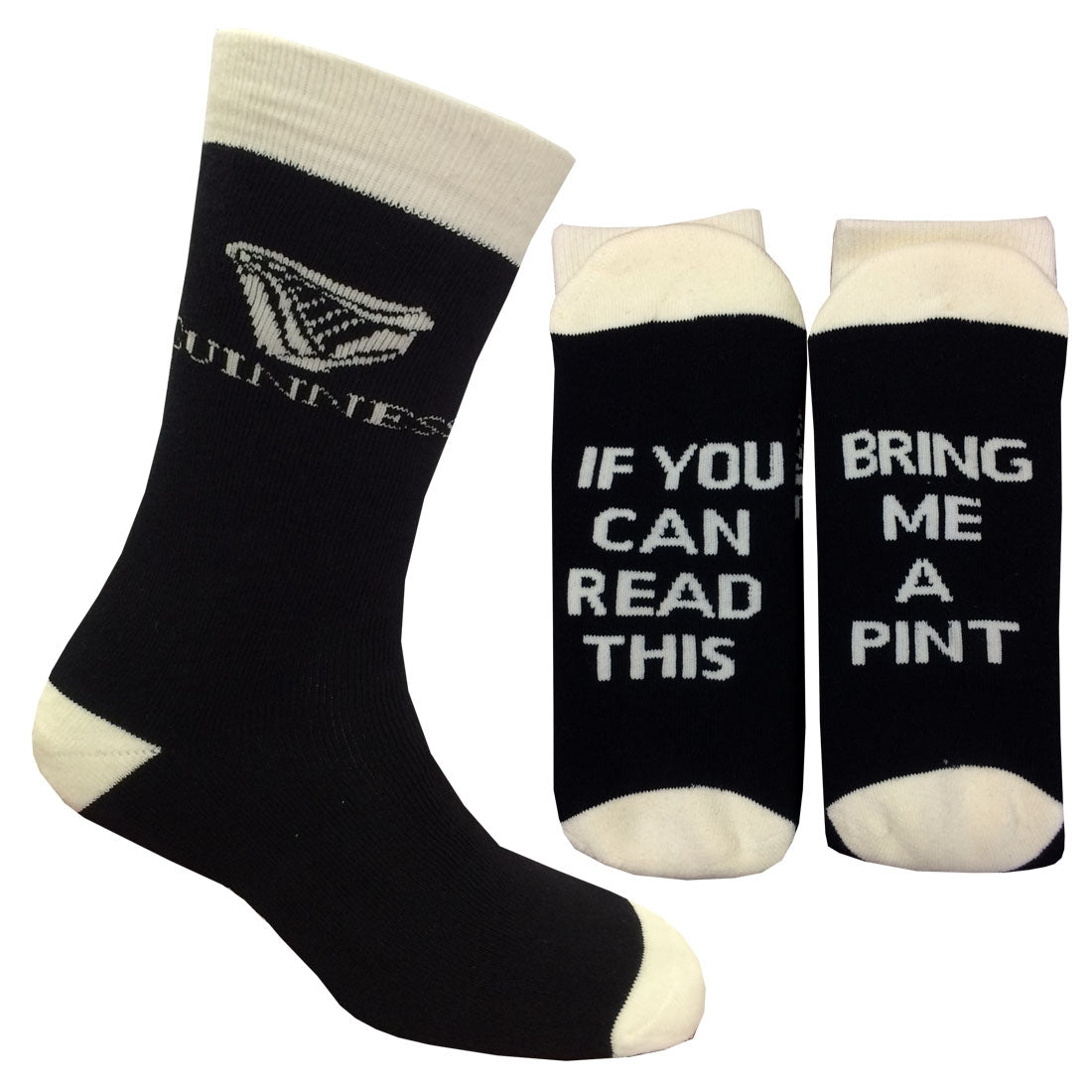 Guinness Harp 'Bring me a Pint' Socks: Black and white novelty socks adorned with a logo and the playful message "If you can read this, bring me a pint" on the soles, ideal for any Guinness enthusiast.