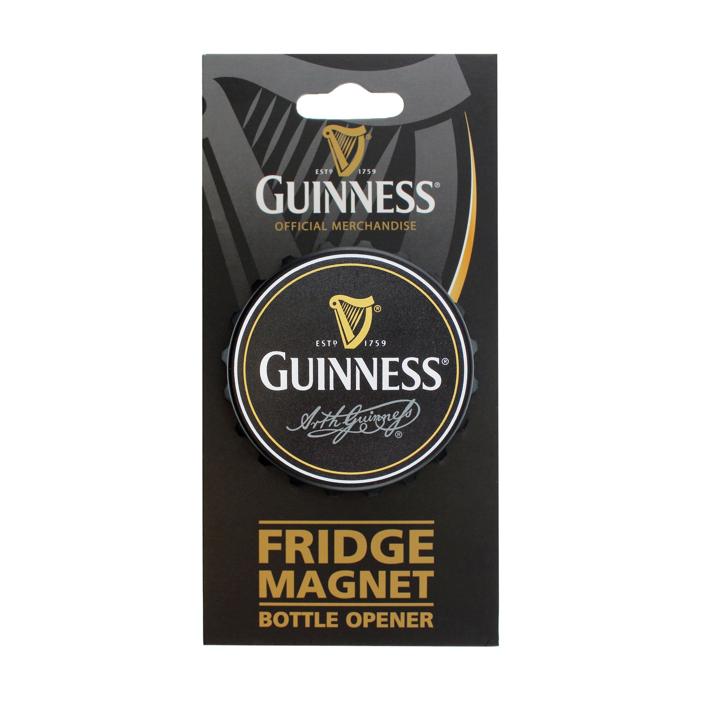 The Guinness Fridge Magnet Bottle Opener features original packaging with branding and logo on a sleek black background, making it an essential for any enthusiast.