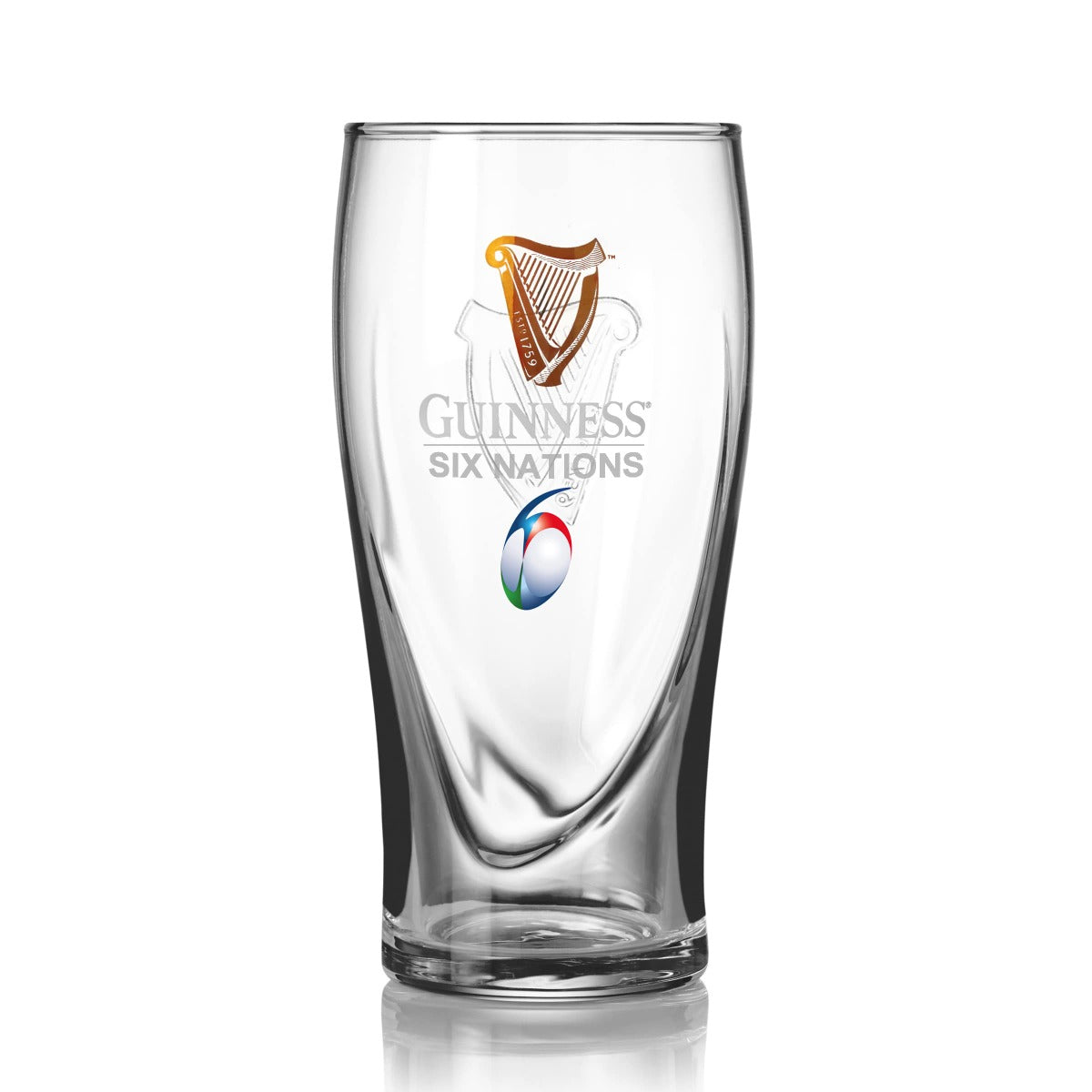 The Guinness Six Nations Pint Glass from Guinness Webstore US features the iconic Harp Logo, "SIX NATIONS" text, and tournament logo—perfect for rugby fans.