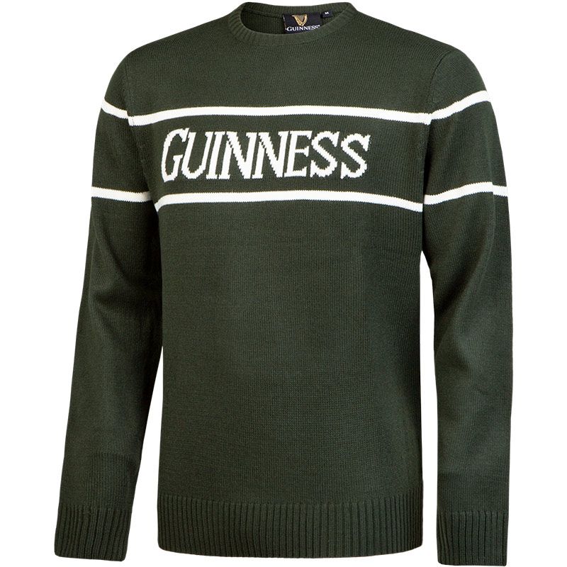 Dark green 100% cotton Guinness Bottle Green Crew Neck Jumper from Guinness Webstore US, features "GUINNESS" boldly in white across the chest with sleek horizontal stripes.