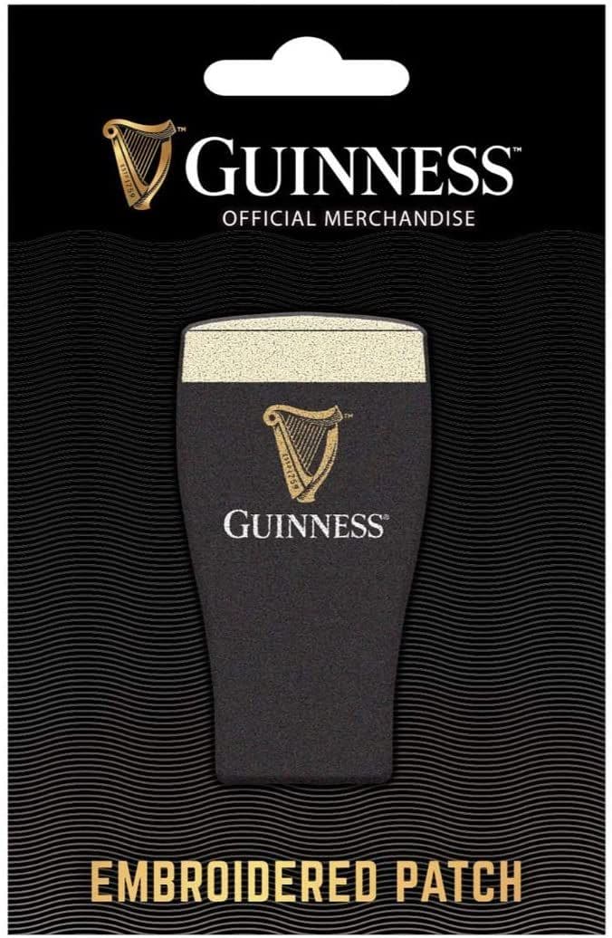 The Guinness Webstore US Guinness Embroidered Patch - Pint is a pint glass-shaped patch, packaged on official branded backing.