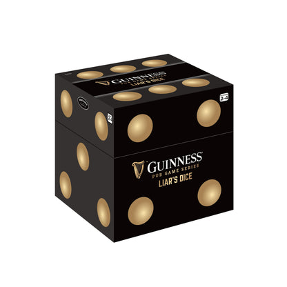 Guinness Liar's Dice box with gold dots perfect for Guinness bluffing strategy.