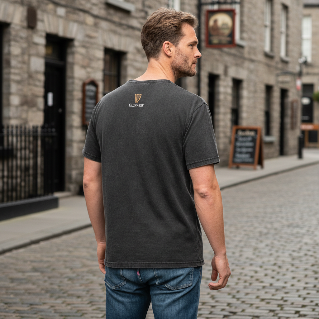 A man stands on a cobblestone street, his back to the camera, wearing blue jeans and a Guinness Black Evolution Harp Premium Tee featuring the iconic Guinness harp logo.