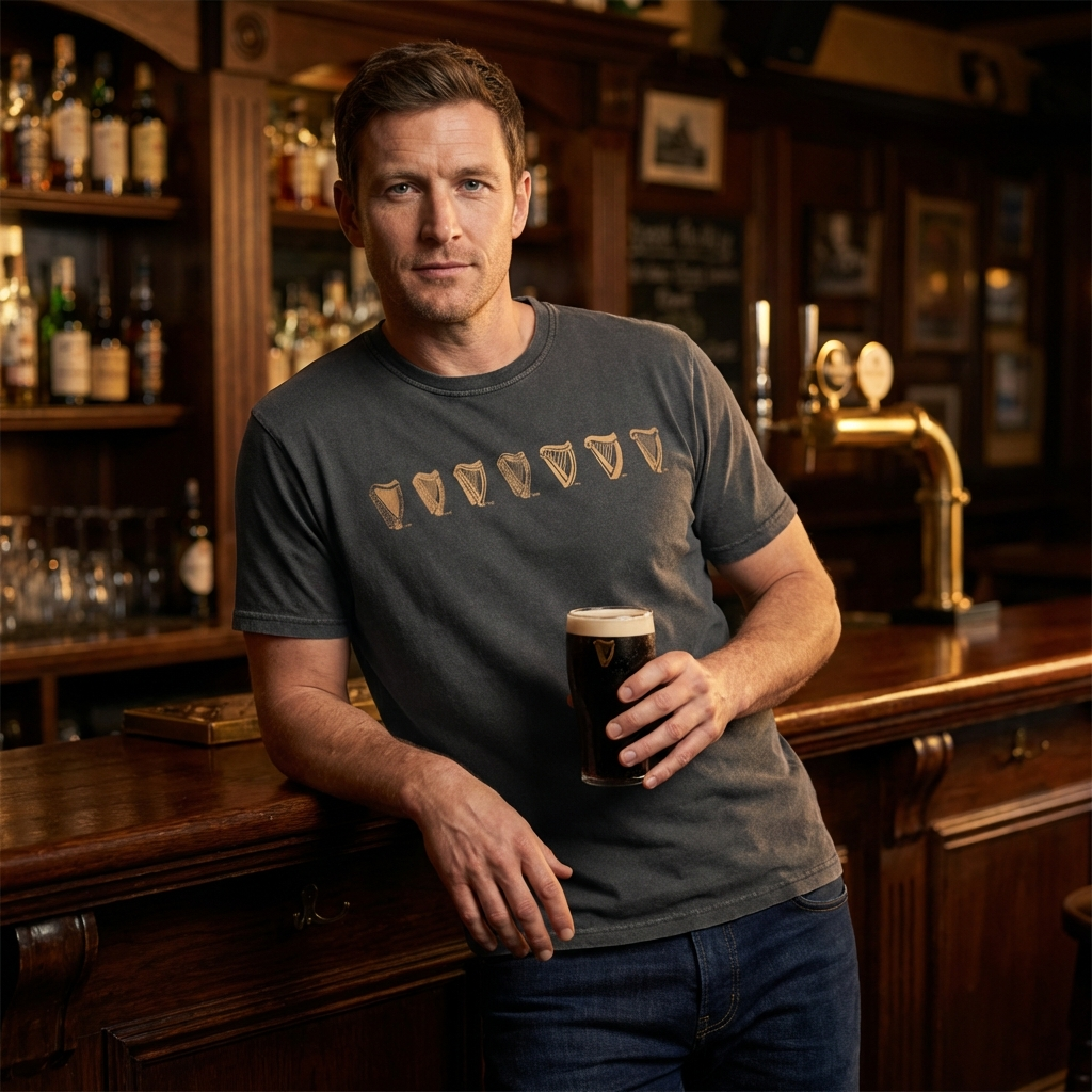A man stands at a bar holding a pint of dark beer, wearing a Guinness Black Evolution Harp Premium Tee featuring a series of pint glass graphics across the chest.
