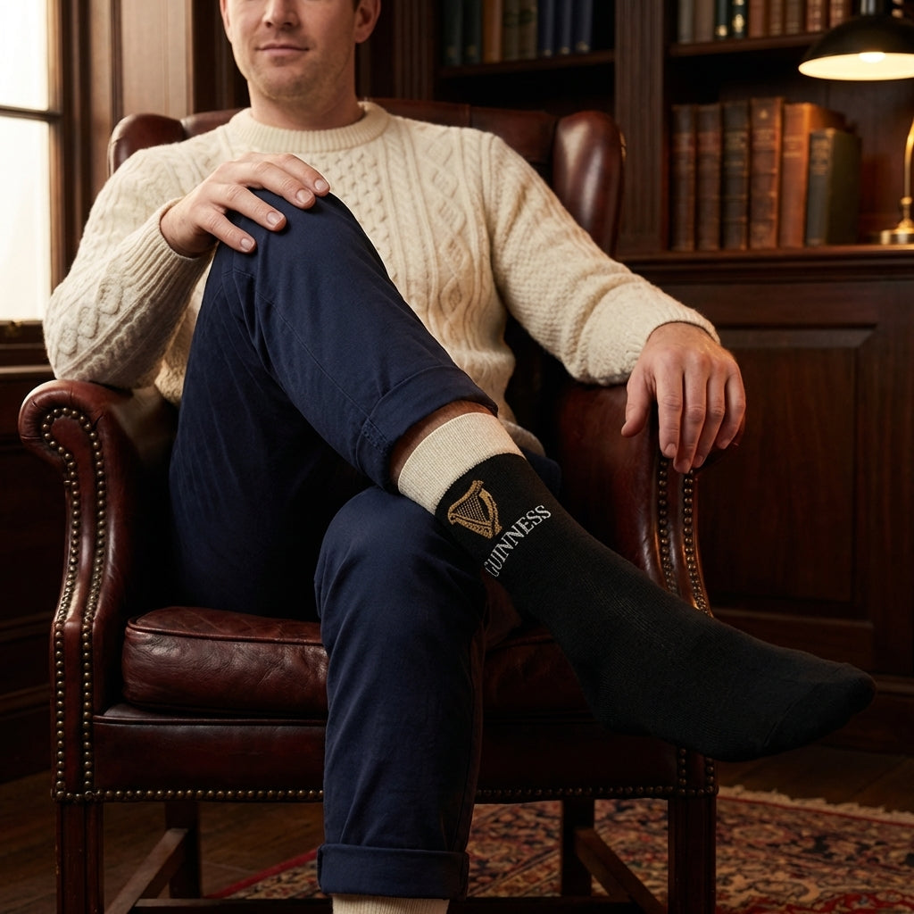 A man in a cream sweater and navy pants sits in a leather chair, wearing Guinness Pint Crew Socks – Black, in a wood-paneled library.