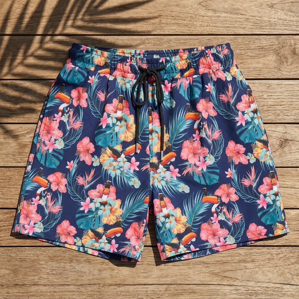 The Guinness Toucan Hawaiian Beach Shorts from Guinness Webstore US feature a vibrant floral and toucan print—an eco-friendly choice, perfect for your next beach getaway. Displayed on wood with palm leaf shadows for a tropical vibe.