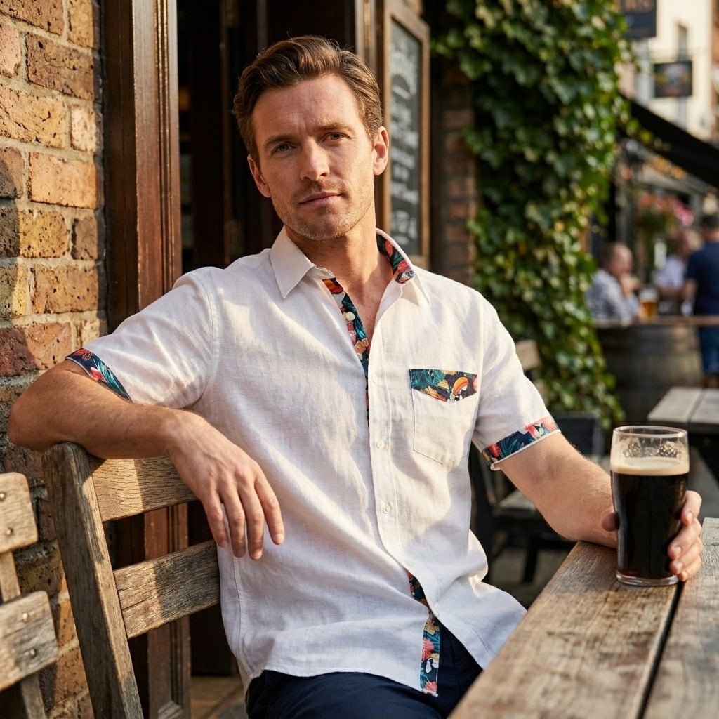 A man sits outdoors on a wooden bench, holding a pint of dark beer and wearing the Guinness White Linen Summer Shirt from Guinness Webstore US, with a brick wall and greenery in the background.