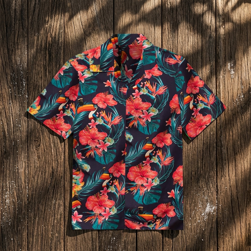 The Guinness Toucan Hawaiian Shirt, by Guinness, features short sleeves and a tropical floral print, displayed flat on a wooden surface in dappled sunlight.