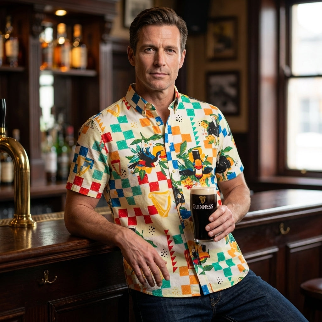 A man in a Guinness Toucan Beach Shirt with a vibrant geometric print featuring squares, harps, and Irish motifs from Guinness Webstore US holds a pint of Guinness while leaning against a wooden bar in a cozy pub.