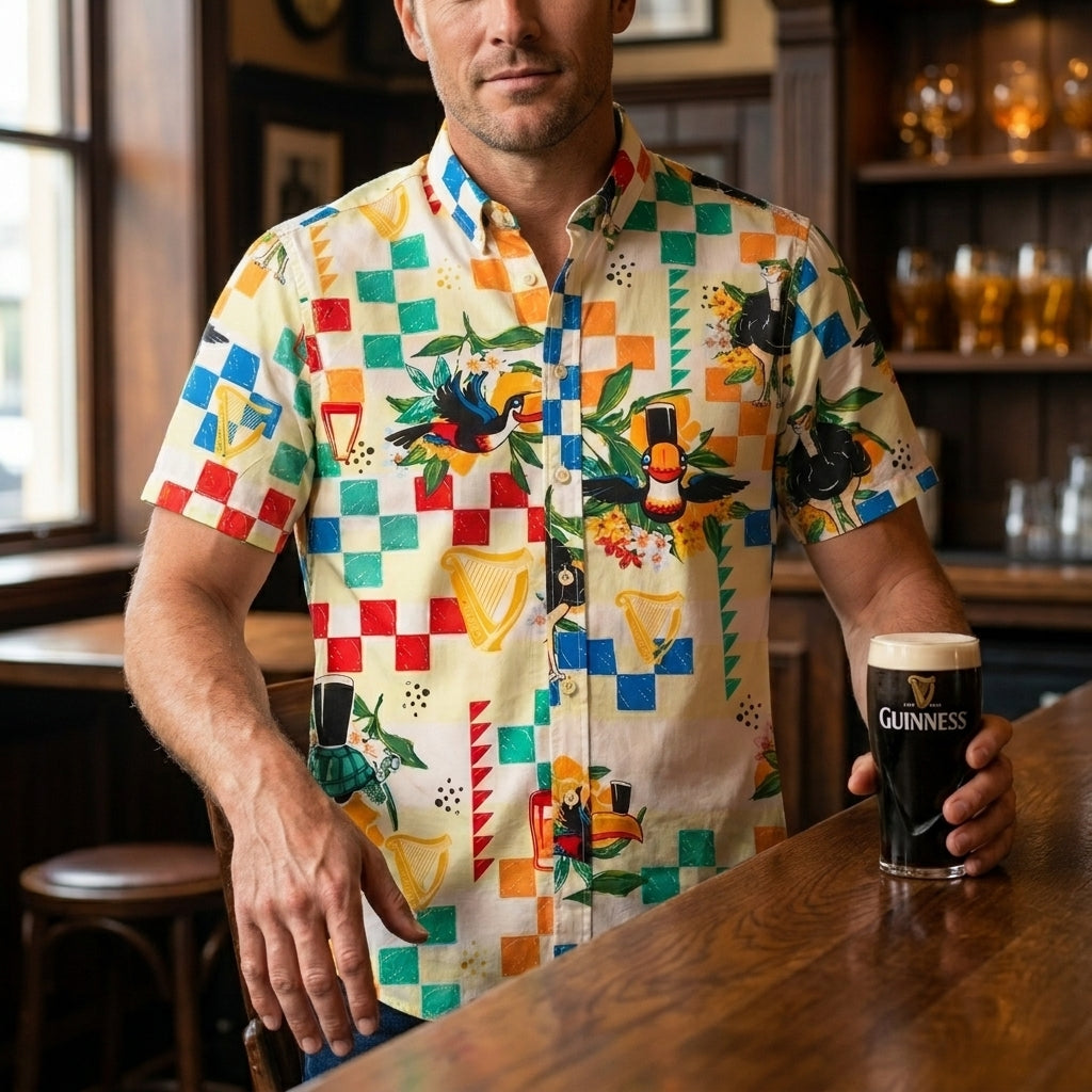 A man wearing the Guinness Webstore US Guinness Toucan Beach Shirt stands at a wooden bar, holding a pint of Guinness in a lively pub.