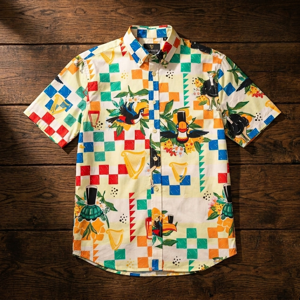 The Guinness Toucan Beach Shirt from Guinness Webstore US is a short-sleeved, button-up cotton Hawaiian shirt with a vibrant geometric print featuring squares, harps, and Irish motifs, displayed on a wooden surface.
