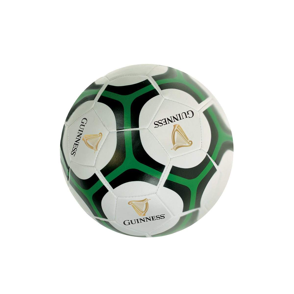 The Guinness US Small Soft Soccer Ball, featuring a white and green design with the iconic harp logo on its panels, is a must-have for soccer enthusiasts who admire this renowned Irish brand.