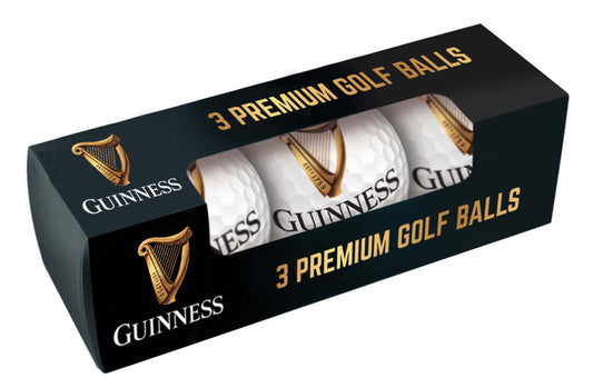 A pack of Guinness Contemporary 3PK Golf Balls branded with the Guinness logo in elegant black and gold packaging, making them perfect golf ball gifts.
