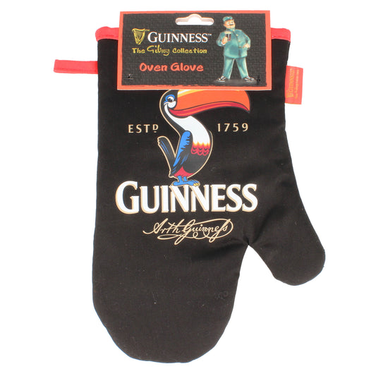 The Guinness Nostalgic Toucan Oven Glove by Guinness features a black design with the iconic logo, colorful toucan, and "ESTD 1759" text—ideal for vintage decor lovers.