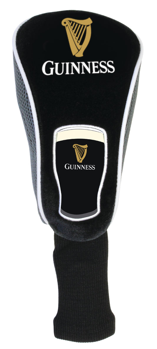 The Guinness Golf Head Pint Cover by Guinness features black and silver colors with the iconic gold and white logo and harp emblem—an essential upgrade for your golf equipment.