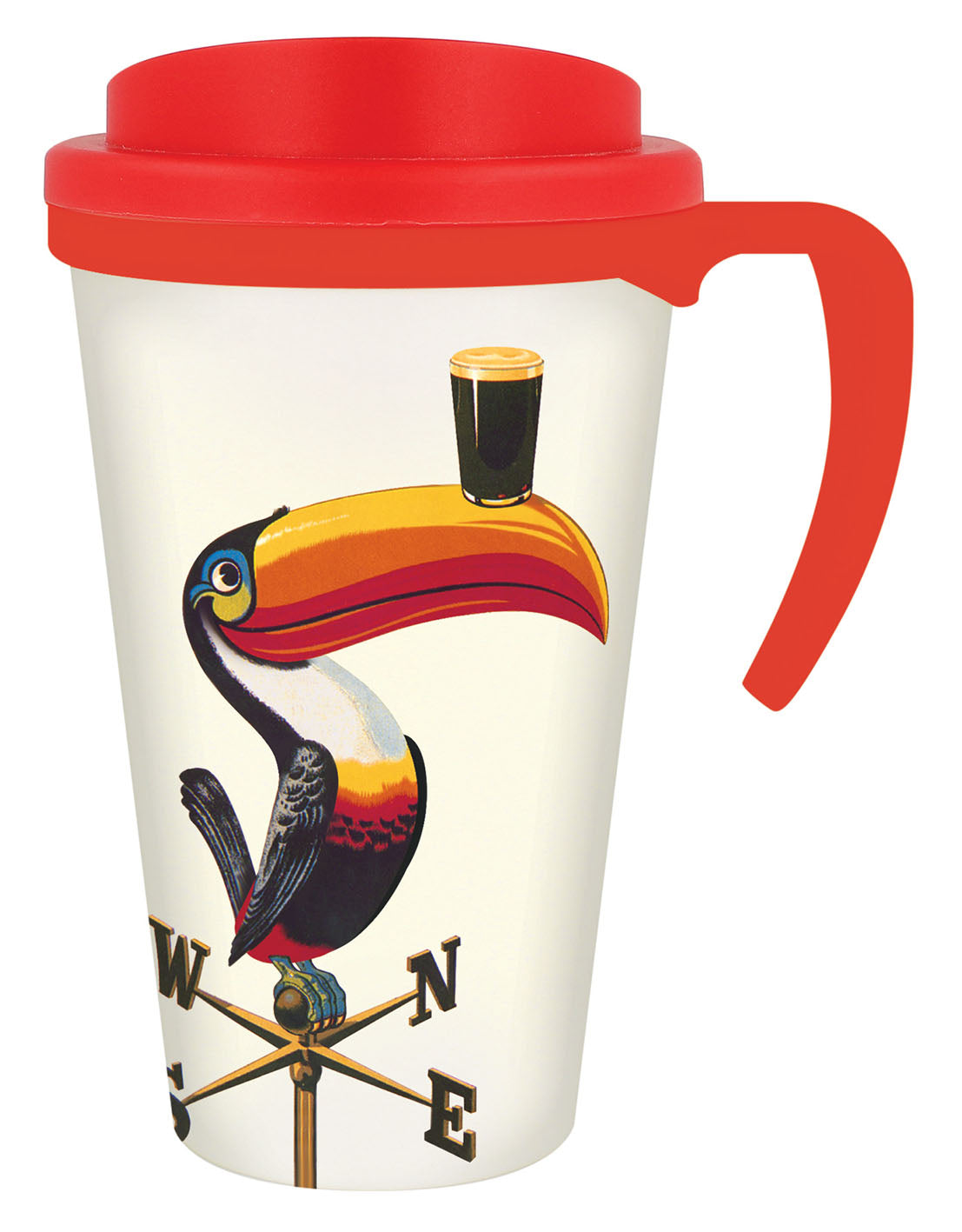 The Guinness Gilroy Toucan Travel Mug by Guinness US features a red lid and the classic image of the iconic toucan balancing a pint glass on its beak atop a signpost, making it an ideal choice for those who value both style and functionality in their beverage containers.