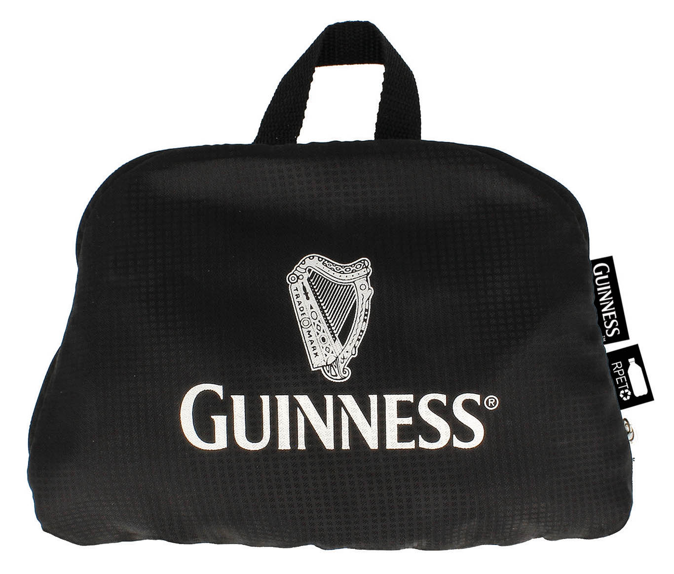 A black Guinness fold-up backpack with a zipper and handle, crafted from durable cotton canvas. It prominently displays the iconic Guinness logo and harp emblem in white.