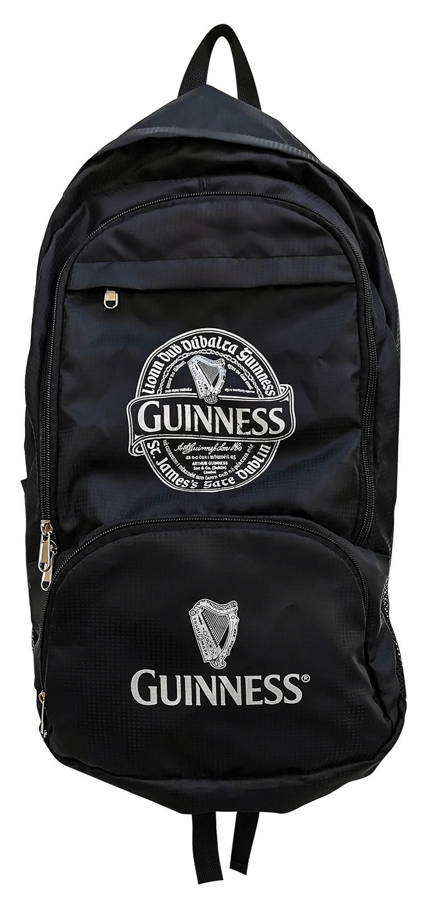 The Guinness Fold Up Backpack, made from durable cotton canvas, showcases the elegant Guinness logo and iconic harp emblem on the front pocket and top section.