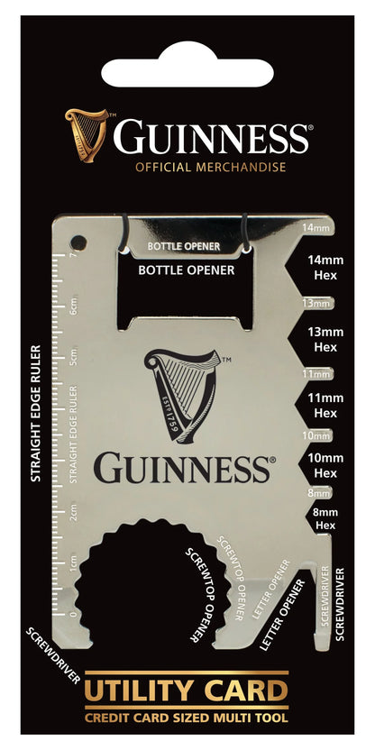 The Guinness US Utility Card Multi Tool is a credit card-sized wallet tool with bottle opener, ruler, screwdrivers, and hex wrenches. It comes in official merchandise packaging.