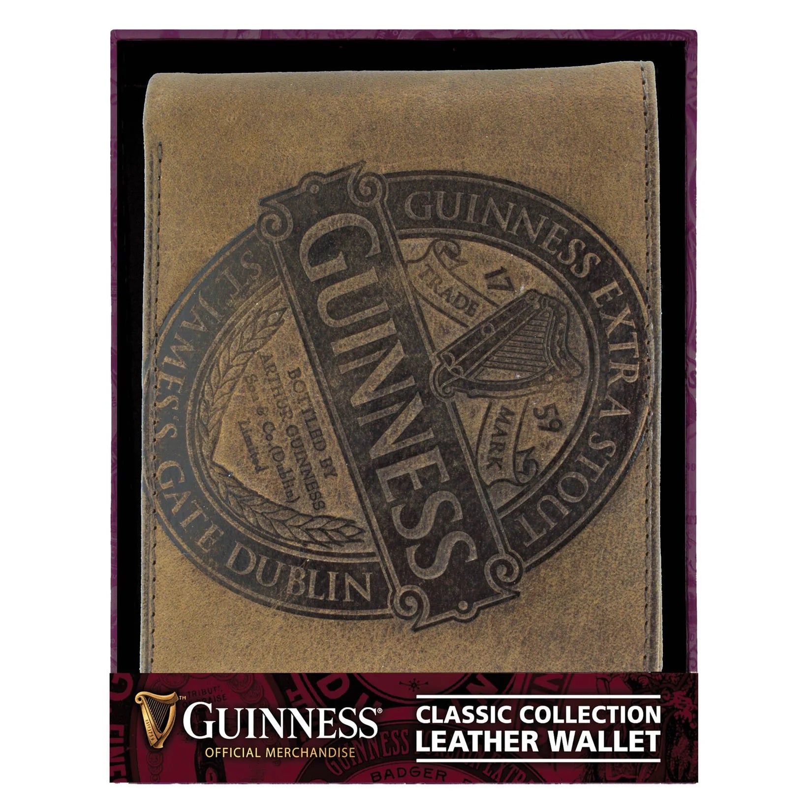The Guinness Classic Brown Leather Wallet from Guinness Webstore US features a large vintage-style embossed logo on the front and comes boxed in "Classic Collection Leather Wallet" packaging.