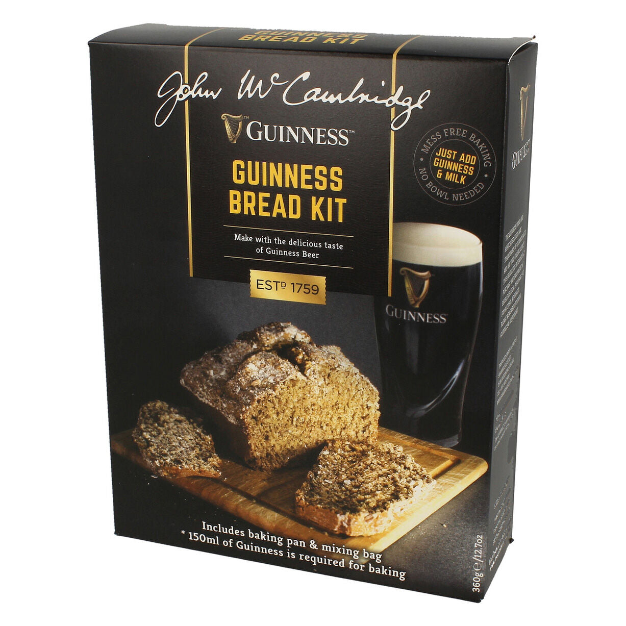 Guinness Bread Kit by Guinness Webstore US, showcasing a black box with an image of sliced bread and a pint of Guinness. Perfect for home baking, it requires 150ml of Guinness and milk to bake. Includes a baking pan and mixing bag for that authentic Guinness flavor.