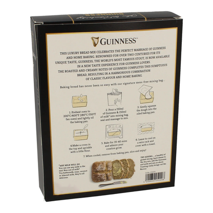 A black box of the Guinness Webstore US Guinness Bread Kit with baking instructions on the back, detailing steps to prepare the bread, including ingredients and baking times. The rich Guinness flavor makes it perfect for home baking enthusiasts seeking a unique twist.