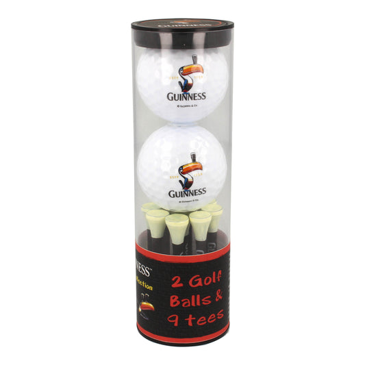 A cylindrical packaging containing a Guinness Gilroy Golf Set from the Guinness Webstore US with a label reading "2 Golf Balls & 9 tees," perfect for the golf enthusiast.