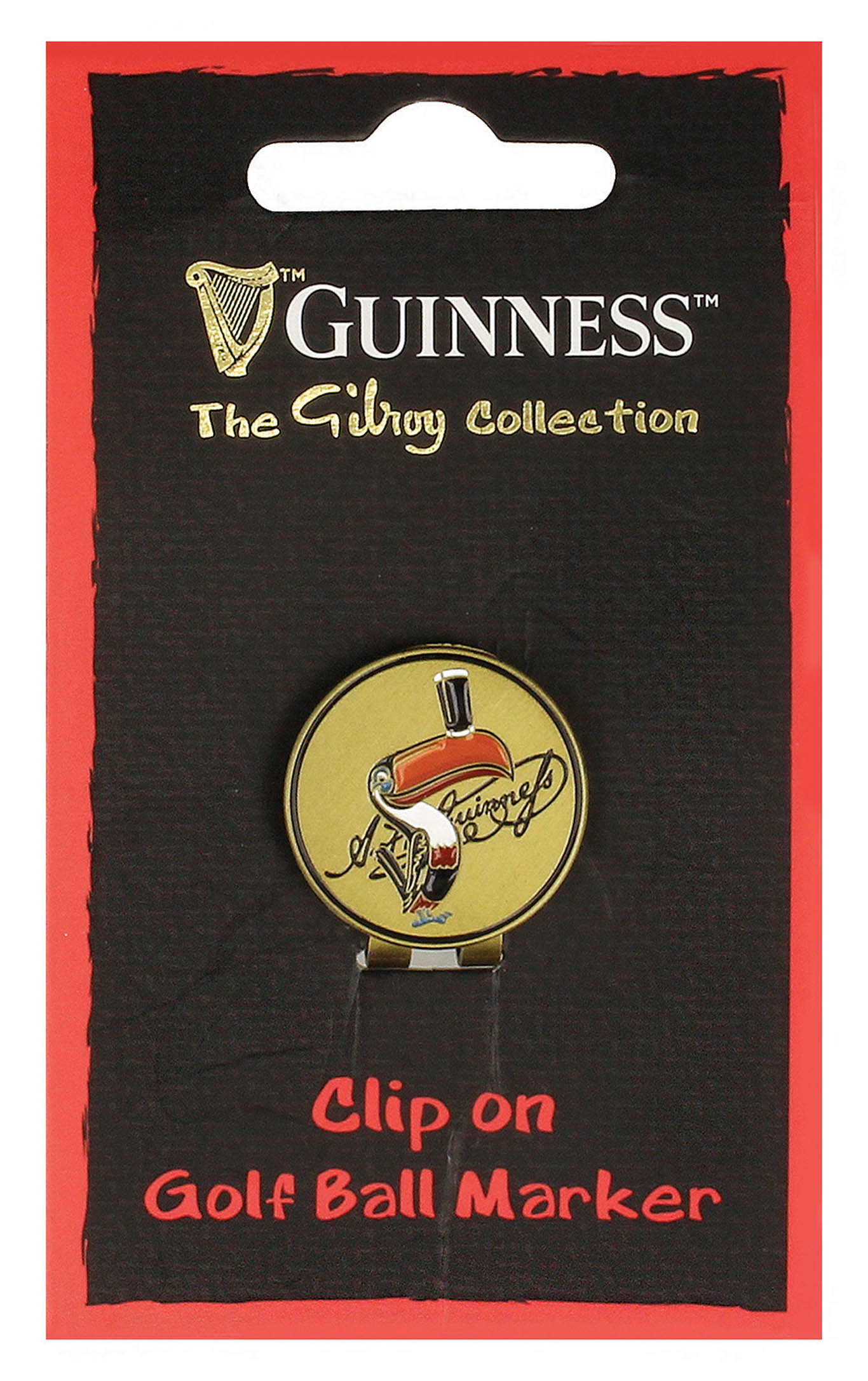 A package of Guinness memorabilia, featuring the Guinness Gilroy Golf Ball Marker with a vintage car design on a black background from Guinness Webstore US.