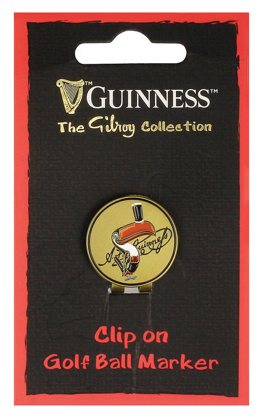 A package of Guinness memorabilia, featuring the Guinness Gilroy Golf Ball Marker with a vintage car design on a black background from Guinness Webstore US.