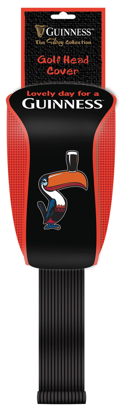 A black and red Guinness Gilroy Golf Head Cover with a toucan graphic and the text "Lovely day for a Guinness." The packaging above reads "Guinness Webstore US The Golf Collection Golf Head Cover.