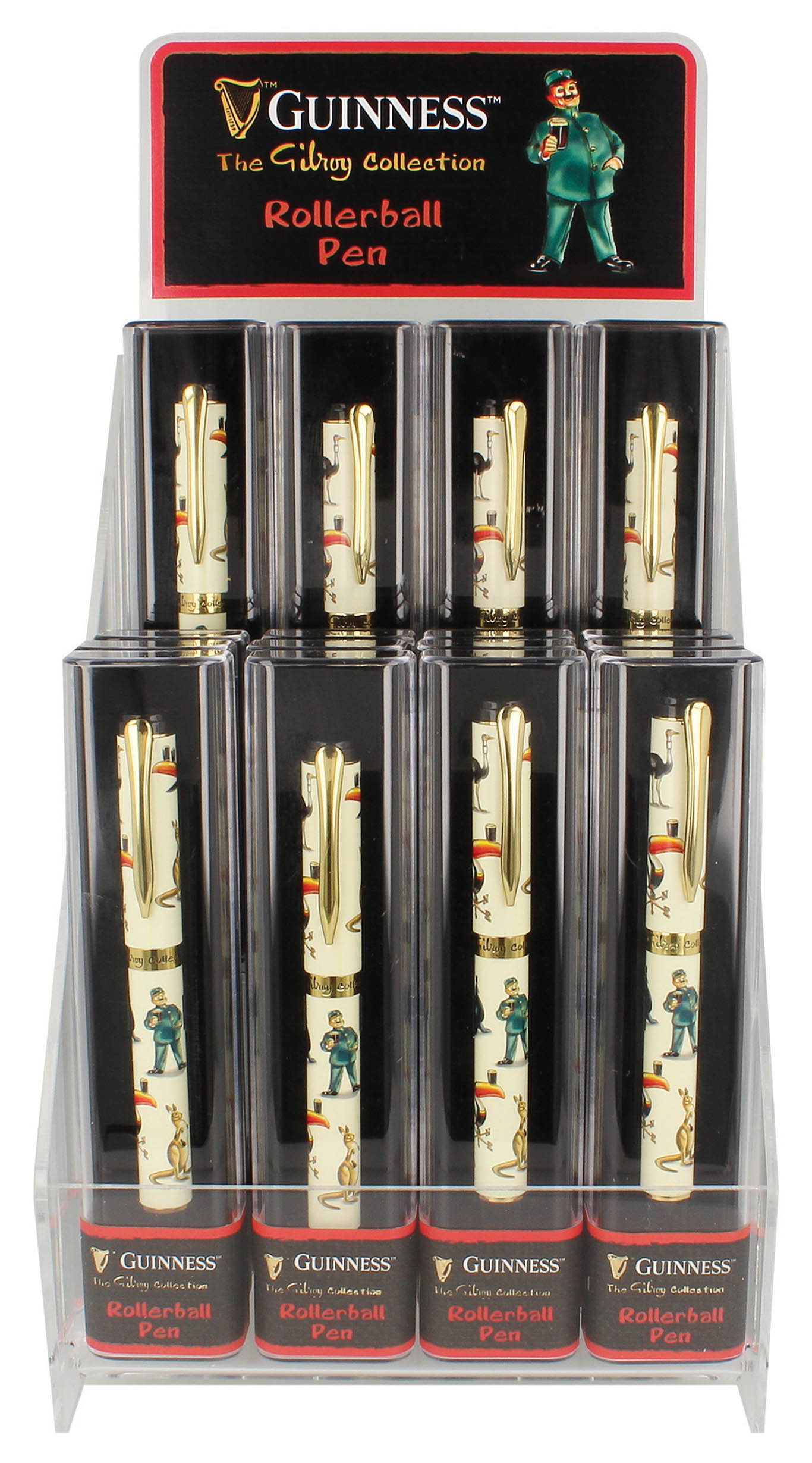 Display of Guinness Gilroy Rollerball Pens from Guinness US, set in a transparent stand. The pens boast an elegant white and gold design, adorned with decorative elements inspired by the iconic Gilroy Guinness animals.